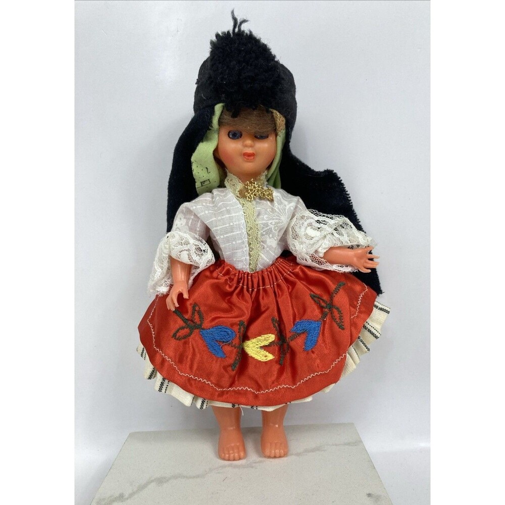 Antique Nazare-Portugal Sleepy Eyed Doll Embroidered Dress 9"